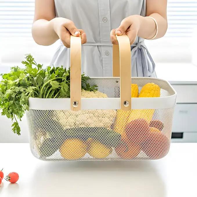 Portable Mesh Harvest Basket - Natural Bamboo Handle Foldable Organizer for Kitchen, Garden & Picnic | Ventilated Storage Bin with Rust-Proof Wire, Space-Saving Farmhouse Decor (White) by GreenHaven Gardens