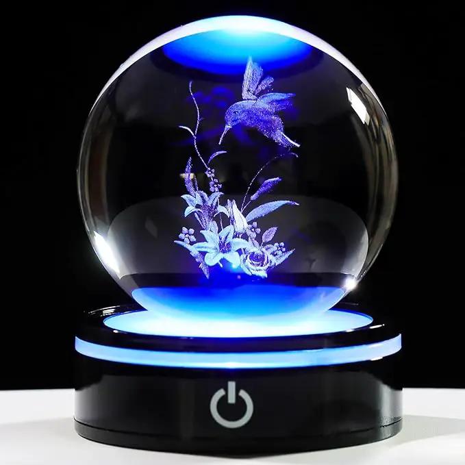 YWHL 3D Hummingbird Figurine Crystal Ball with Light Base, Hummingbird Gifts for Women Men on Christmas Birthday, 3D Laser Engraved Hummingbird Ornament Glass Decorative Ball for Home Office (80mm) by GreenHaven Gardens