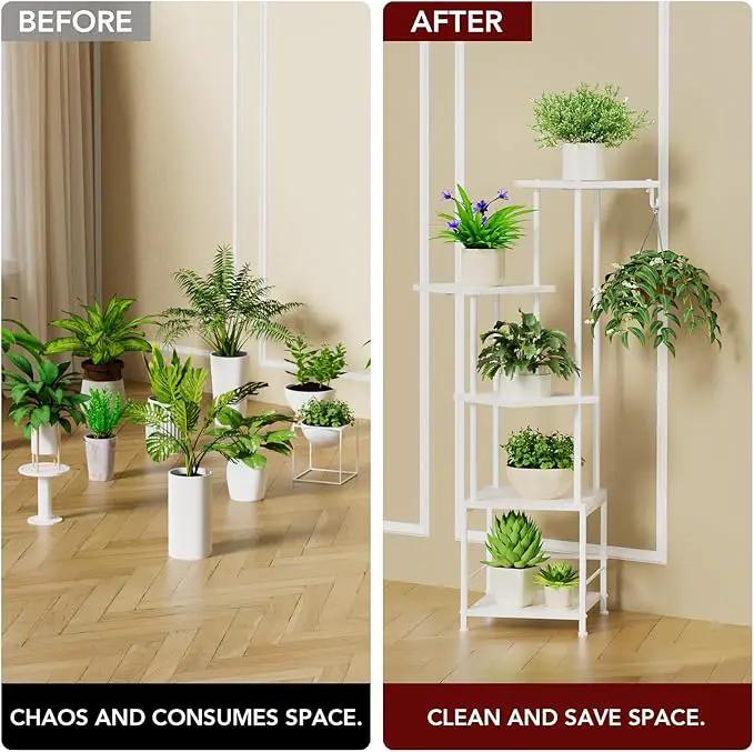 Plant Stand Indoor with Grow Light, 5-Tiered Tall Plant Stand Indoor, Metal Plant Shelf with Hanging Basket Hook and Adjustable Light, Ideal for Living Room, Garden, Patio white by GreenHaven Gardens