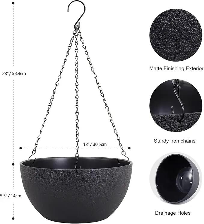 12 inch Large Hanging Planters for Indoor Outdoor Plants, 2 Pack Hanging Flower Pots with Drainage Holes and Chain for Garden Porch Plants, Plastic Hanging Baskets for House Plants, Black by GreenHaven Gardens