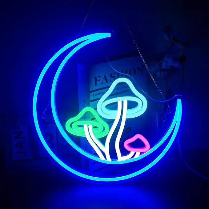 Moon Mushroom Neon Sign Blue Moon Neon Lights for Wall Decor Mushroom Light Up Signs USB LED Signs for Girls room Living Room Kids Room Home Bar Party Shop by GreenHaven Gardens