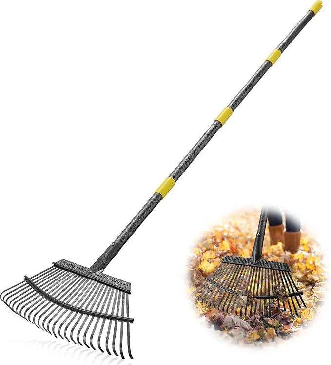 Metal Garden Rake, 5FT Rake for Leaves Lawns, 25 Metal Tines 18 inch Wide with Adjustable Handle Heavy Duty Yard Leaf Rakes for Gardening by GreenHaven Gardens