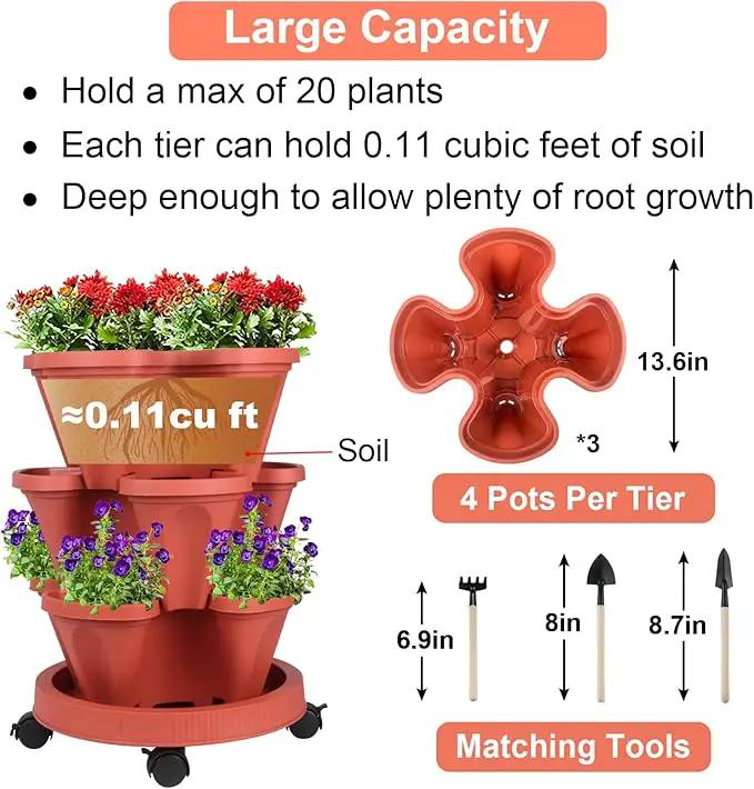 Vertical Planter 3 Tier Stackable Planters Garden Planters Strawberry Herb Flower and Vegetable Planter Indoor Outdoor Gardening Pots with Removable Wheels and Tools by GreenHaven Gardens