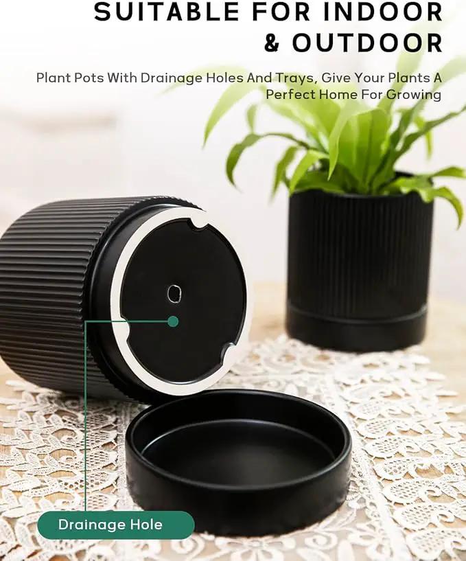 LaDoVita 3 Pack Ceramic Plant Pots 6/5/4 inch, Flowerpot for Indoor Plants with Drainage Holes and Tray, Outdoor Garden Planters, Modern Decorative for Home, Black Vertical Stripes by GreenHaven Gardens