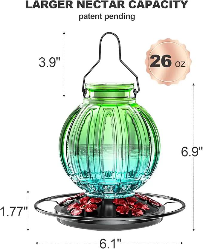 Glass Hummingbird Feeder for Outdoors Hanging, Bird Nectar Feeder with Perch & 5 Flower Feeding Ports, 26 Oz Leak Proof for Outside Garden Decor Backyard, Gifts for Women Mom, Green & Blue by GreenHaven Gardens