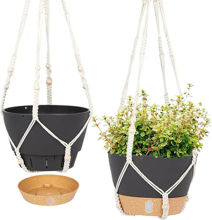 QCQHDU 2 Pack Hanging Planters for Indoor Plants, Outdoor Hanging Baskets, Self Watering Pots with Drainage Holes & Removable Tray (Dark Grey, 10 inch, Macrame Hanger) by GreenHaven Gardens