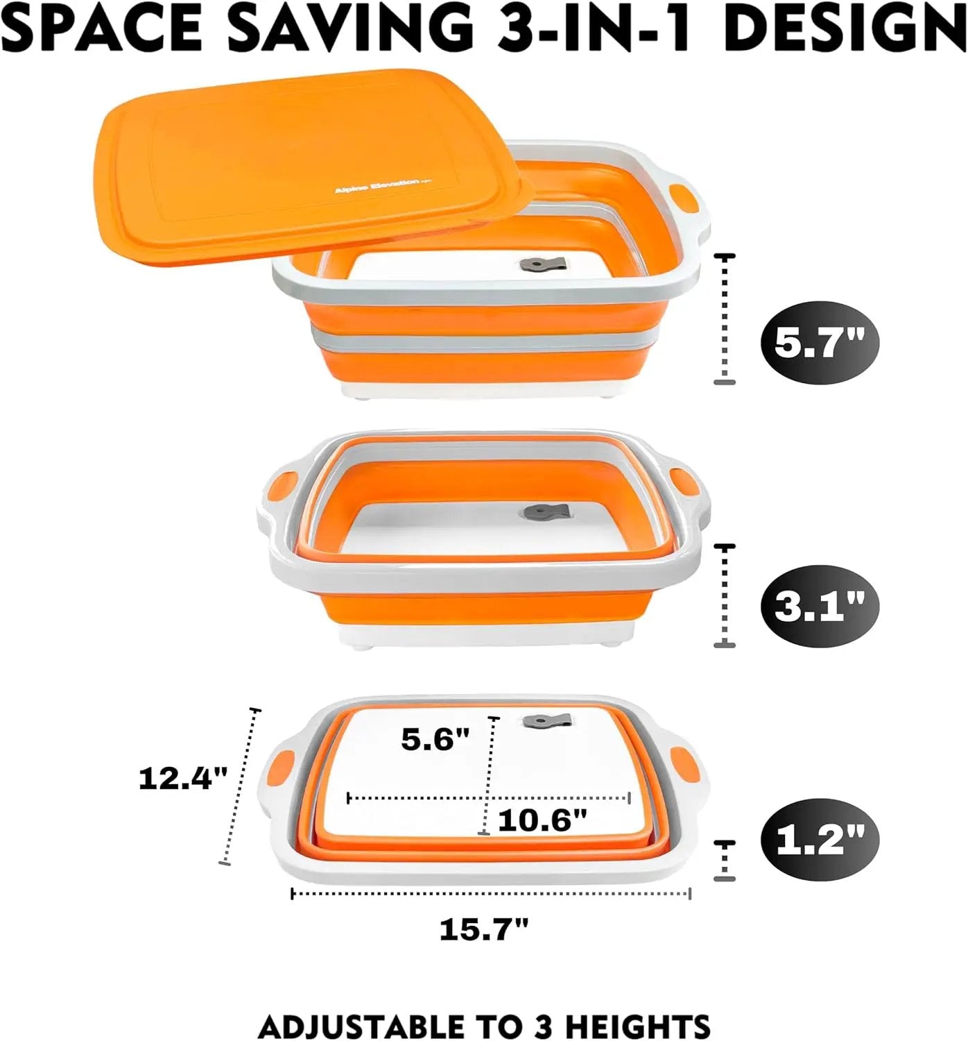 Collapsible Large (8L) BBQ Marinating Tub w/Cutting Board | Multipurpose Food-Grade TPE Prep Tub w/Lid | Built-in Colander & Drain Plug - for Camping | Tailgate | Picnic - Bold Orange by GreenHaven Gardens