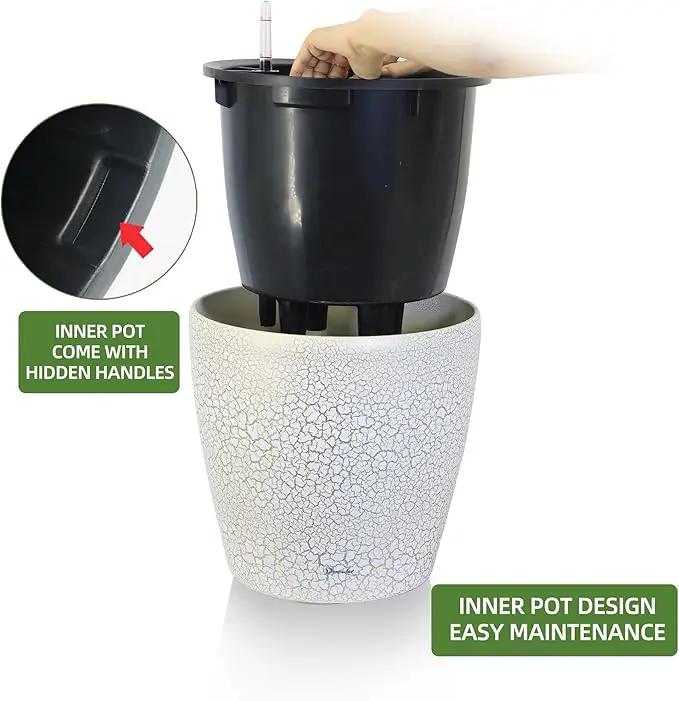 Dexceder 13x12 Self Watering Planter with Wheels Indoor Outdoor, Inner Pot Design, Thickened Large Floor Standing Flower Plant Pot with Water Level Indicator (White Gold Crackle) by GreenHaven Gardens