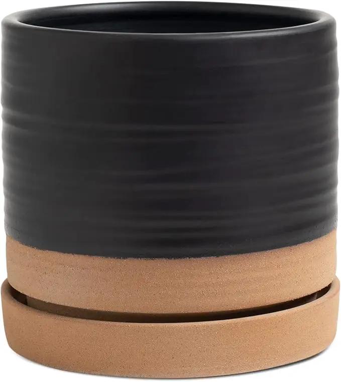 6 Inch Plant Pots, Ceramic Planter Pot with Drainage Hole & Saucer, Indoor/Outdoor Cylinder Round Planter Pot, Matte Black & Brown by GreenHaven Gardens