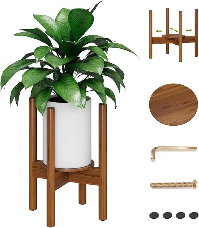 Adjustable Plant Stand, Bamboo Plant Stand Indoor with Tray, Wood Plant Stand for 8 to 12 inches Flower Pots, Single Mid Century Modern Plant Stand for Indoor Plants, Walnut by GreenHaven Gardens