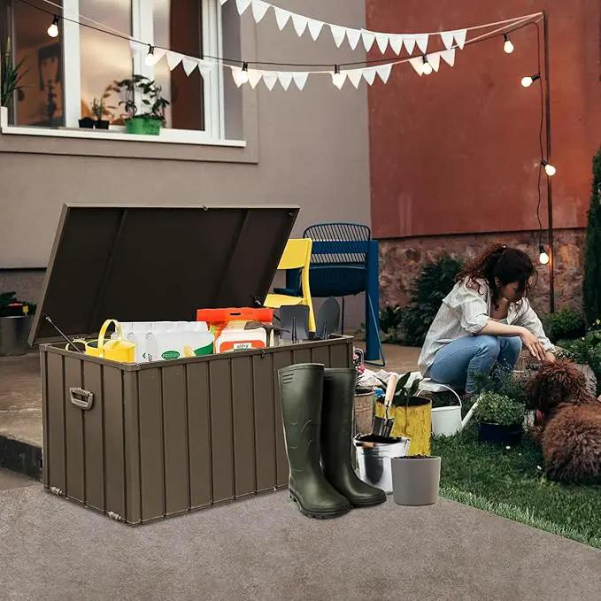 Domi Outdoor Deck Box 100 Gallon, Waterproof Lockable Steel Outdoor Storage Container for Outside Cushions, Garden Tools and Pools Equipment (Dark Brown) by GreenHaven Gardens