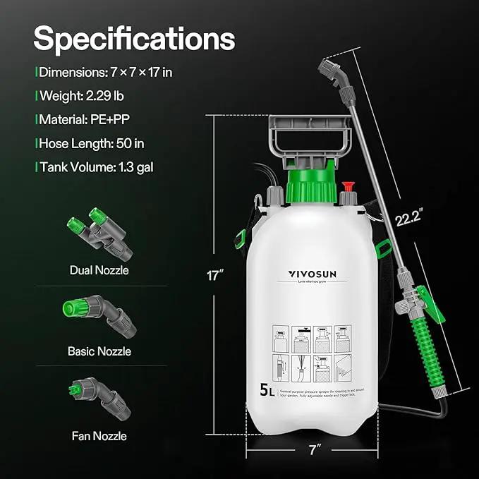 VIVOSUN Pump Sprayer 1.35 Gallon, Portable Water Spray Bottle in Lawn and Garden Yard, Weed Sprayer for Plants with 3 Nozzles, Adjustable Shoulder Strap, Pressure Relief Valve by GreenHaven Gardens