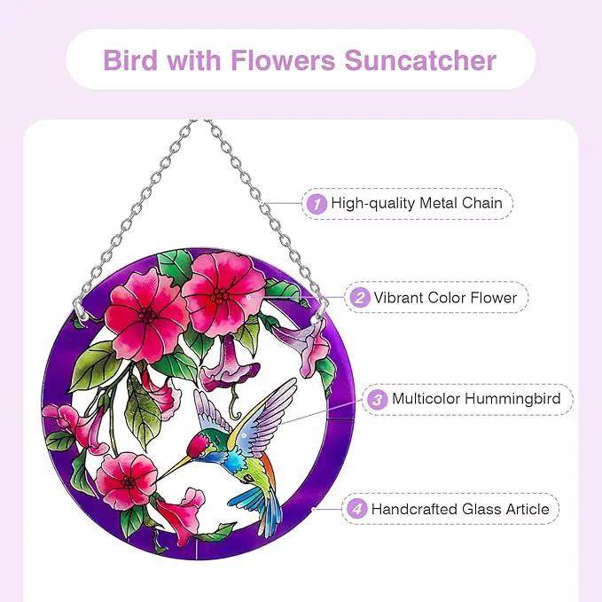 Larger Purple Stained Glass Window Hanging, Hummingbird Gifts for Women, Bird and Flowers Suncatcher, Hummingbird Gifts for Women, Bird and Flowers Suncatcher for Window, Hand Painted Glass by GreenHaven Gardens