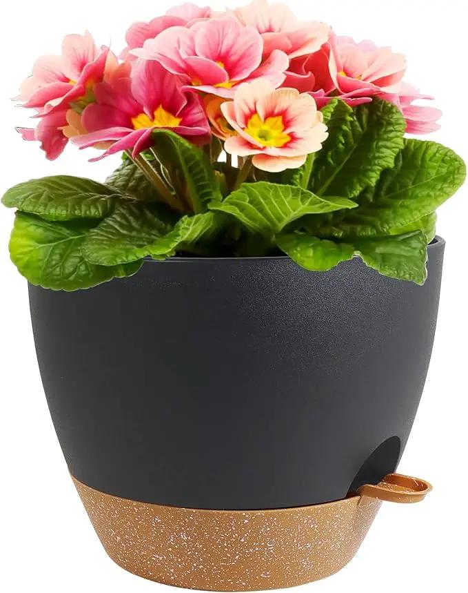 12 inch Large Self Watering Pots, Plant Pots with Mesh Drainage Holes for Indoor Outdoor Plants, Plastic Planters with Deep Reservoir for Garden House Flower Plants, Black with Brown by GreenHaven Gardens