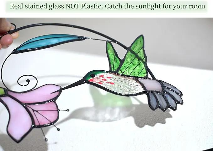 Lolitarcrafts Stained Glass Hummingbird Window Hangings with Flowers, Bird Stained Glass Suncatcher for Window Decor Hummingbird Gifts for Mom,Bird Lovers (Green with Flower A) by GreenHaven Gardens
