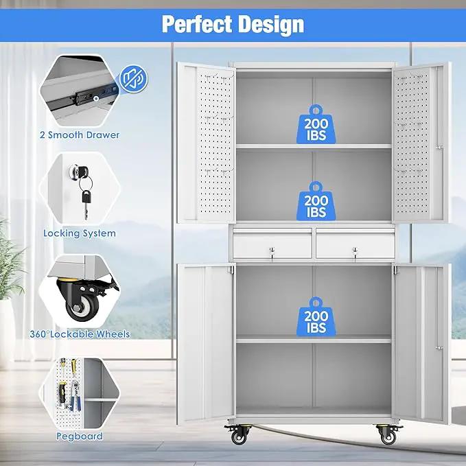 Metal Garage Storage Cabinet with Locking Doors and 2 Adjustable Shelves, Rolling Tool Storage Cabinet with 4 Wheels and 2 Drawer for Garage, Warehouse, White and Gray, Assembly Required by GreenHaven Gardens