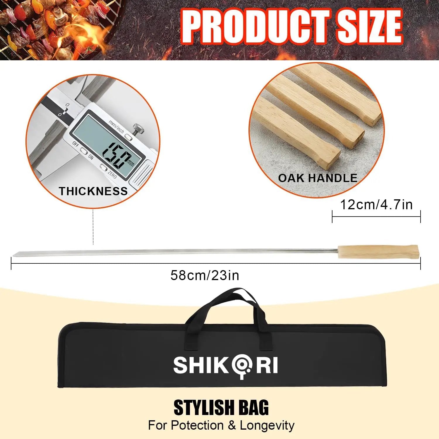 SHIKORI Kabob Skewers,BBQ Barbecue Skewers,Stainless Steel Sticks,23 Inch Heavy Duty Large Wide Reusable,with Nonslip Wooden-6 Pcs by GreenHaven Gardens