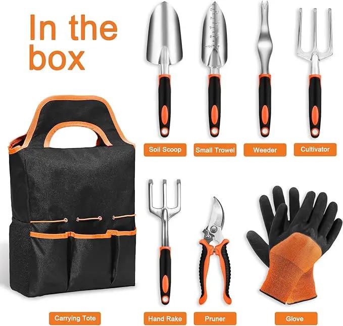 Garden Tool Set with Non Slip Rubber Grip,8 Piece Stainless Steel Gardening Tool Sets,Heavy Duty Outdoor Hand Tools Durable Storage Tote Bag,Uprooting Weeding Tool, Gifts for Women Men(Orange) by GreenHaven Gardens