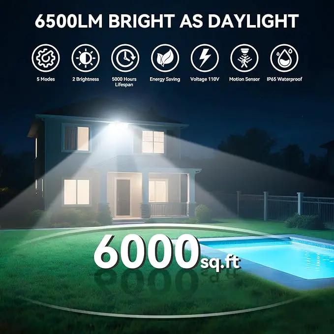 65W LED Flood Light Outdoor, 6500LM, Waterproof, 6500K Motion Sensor Flood Lights Outdoor with Adjustable 3 Head Detected Floodlight for Outside Entryway Garage, Yard, Porch, White, 2 Pack by GreenHaven Gardens