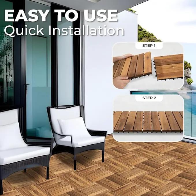 Pack of 10 Deck Tiles - 12"x12" Interlocking Natural Solid Acacia Wood for Outdoor & Indoor, Patio Garden, Balcony, Poolside - Natural6 Color by GreenHaven Gardens