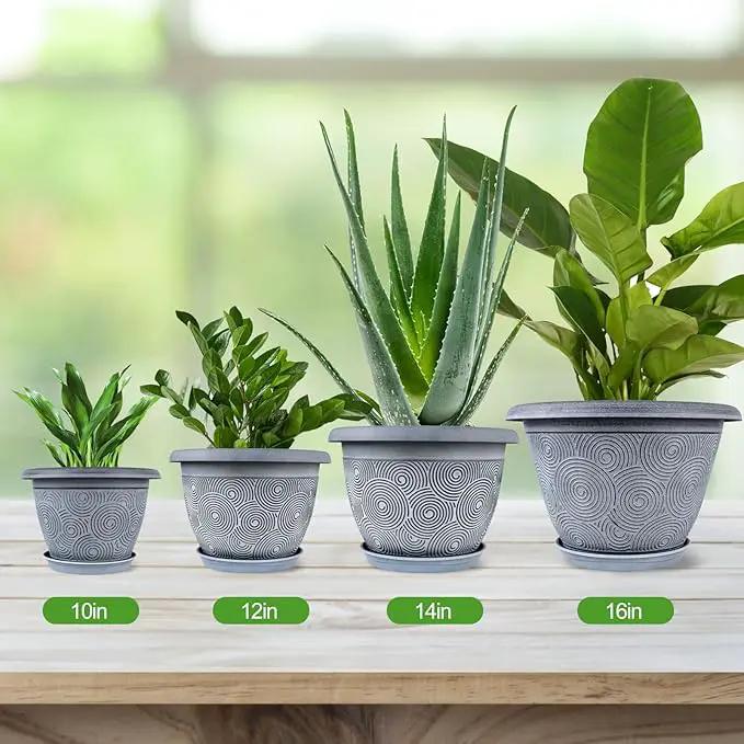 10 Inch Flower Pots Planters for Indoor Outdoor Plants, 3 Pack Plastic Large Plant Pots with Drainage Hole & Tray, Modern Decorative Garden Pot with Saucer, Plant Container for House by GreenHaven Gardens