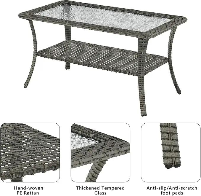 Patio Tables Outdoor Coffee Table - Wicker Rattan Coffee Tables with 2-Tier Storage Shelf Glass Top for Outside Proch Deck Balcony Garden Rectangle Mixed Grey by GreenHaven Gardens