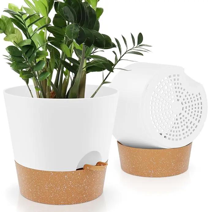Ynnico10 inch Plant Pots, Self-Watering Planters with Drainage Holes & Saucers for Indoor and Outdoor Plants (2-Pack,White by GreenHaven Gardens