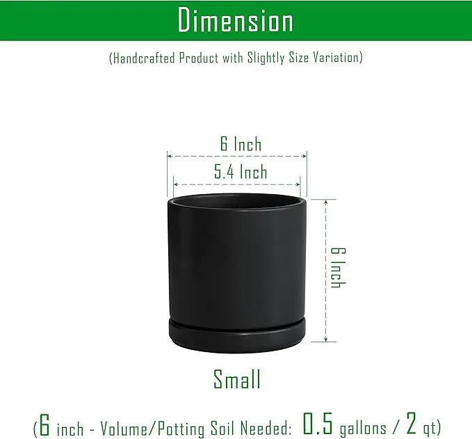 D'vine Dev 6 Inch Ceramic Planter Pot with Drainage Hole and Saucer, Indoor Cylinder Round Flower Pot, Black, 94-O-C-2 by GreenHaven Gardens