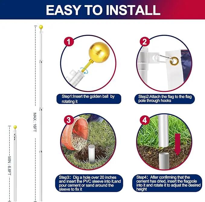 16FT Telescopic Flag Pole Kit, Heavy Duty 16 Gauge Aluminum Outdoor In Ground Flag Poles with an Embroidered 3x5 USA Flag, for Residential or Commercial,Garden,Yard Flag Poles by GreenHaven Gardens