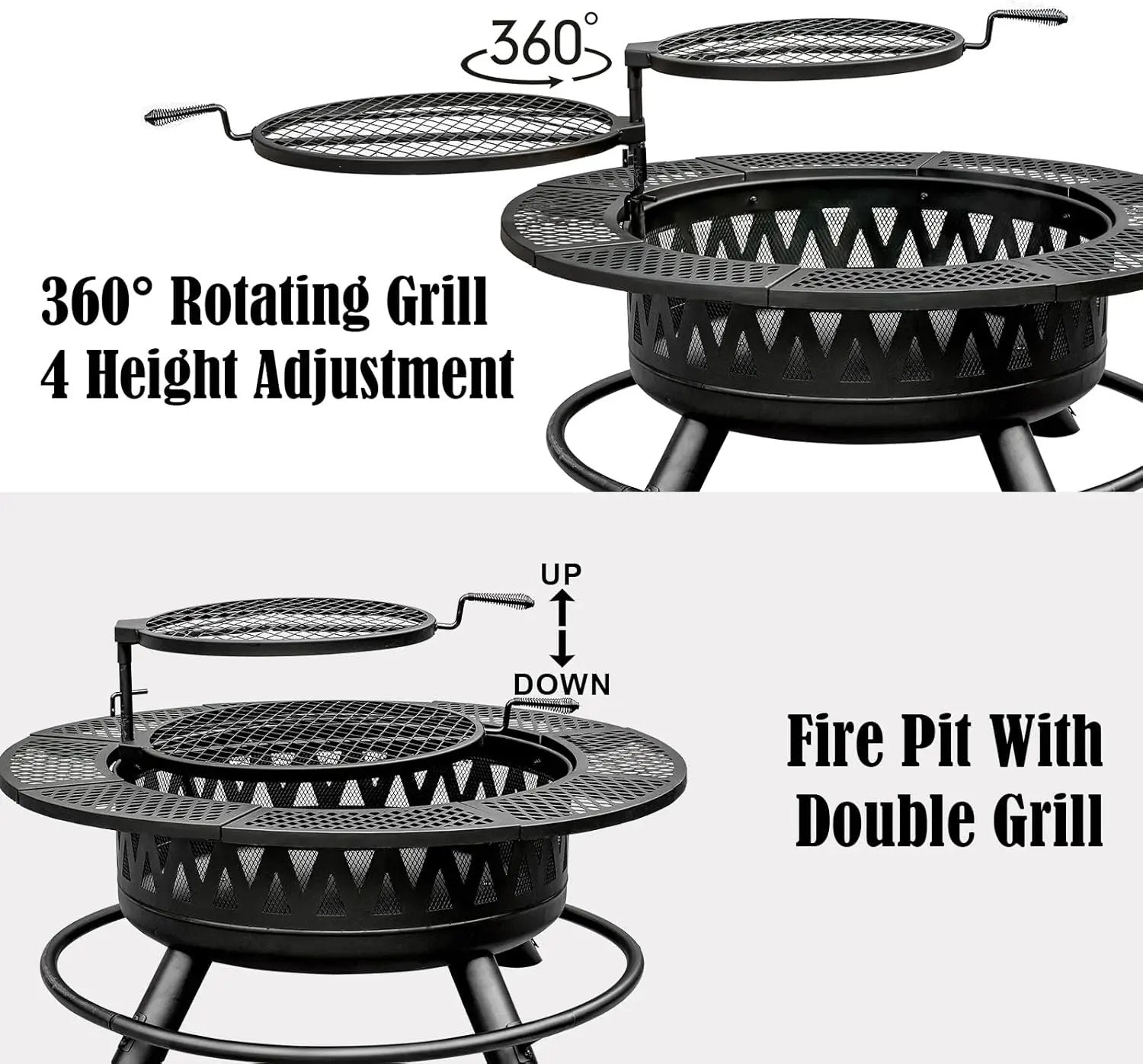 42 Inch Fire Pit with 2 Grills, Large Outdoor Firepits for Outside, Wood Burning Fireplace for Camping,Picnic,Bonfire, 3-in-1 Round Metal Table with Lid for Backyard,Patio,Party by GreenHaven Gardens