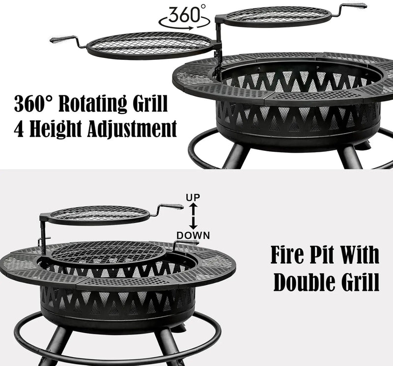 42 Inch Fire Pit with 2 Grills, Large Outdoor Firepits for Outside, Wood Burning Fireplace for Camping,Picnic,Bonfire, 3-in-1 Round Metal Table with Lid for Backyard,Patio,Party by GreenHaven Gardens