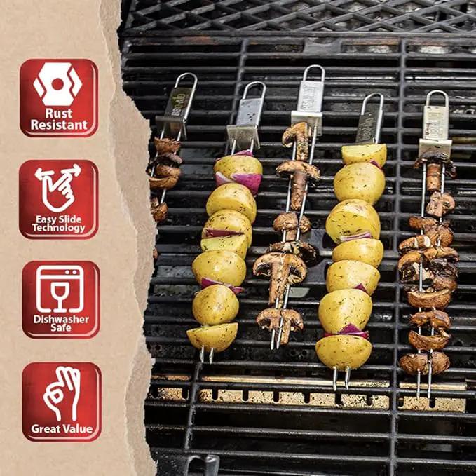 BBQ-AID Premium Barbecue Double Pronged Stainless Steel Skewers for Grilling - Quick Release Kebab Sticks for Veggies & More by GreenHaven Gardens