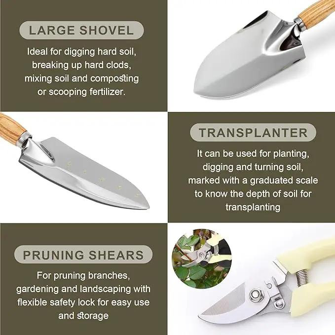Gardening Tools Set of 9 Garden Hand Tools with Wooden Handles with Garden Bag for Tools Durable Hand Tools for Gardening,Weeding,Ideal Gifts for Women,Men,Parents and Grandparents by GreenHaven Gardens