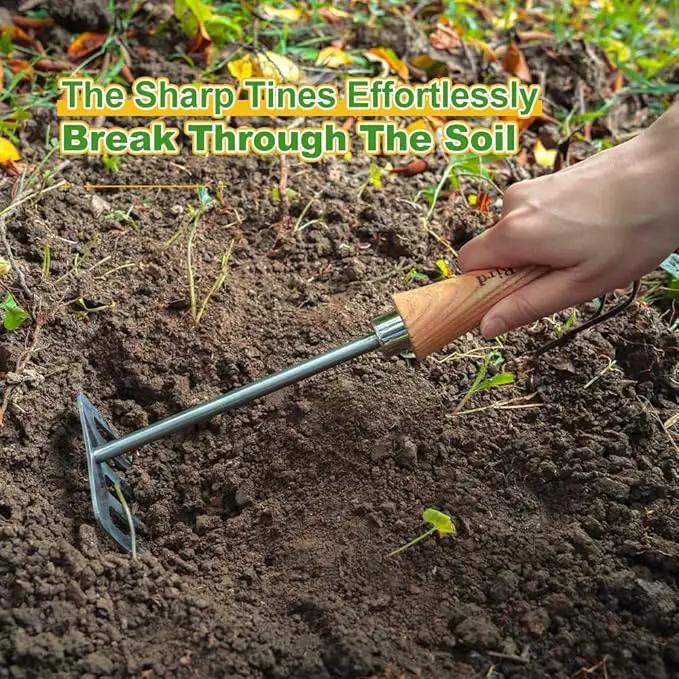 Berry&Bird Premium Hand Rake for Gardening, 5 Tines Hand Tiller Hand Cultivator Small Rake Garden Tool with Wood Handle, Ideal Garden Hand Tools for Digging, Aerating, Weeding and Loosening Soil by GreenHaven Gardens