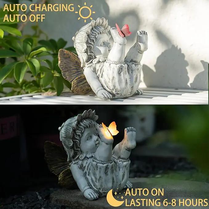 Garden Fairy Outdoor Solar Decor, Resin Ornaments for Patio Lawn Yard Porch, Playful Garden Flower Fairy Statues for Outside Angel Gifts, 7.91 Inches Tall by GreenHaven Gardens