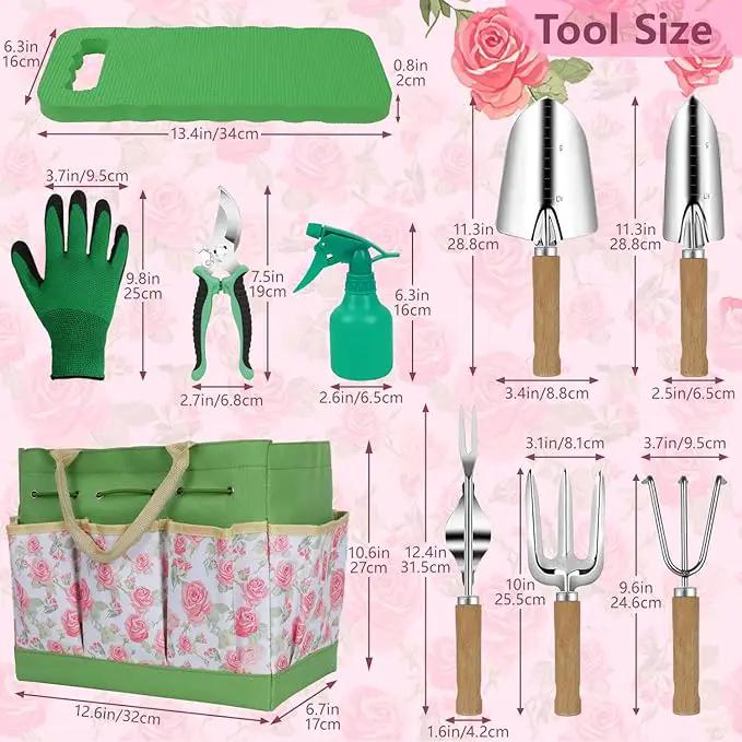 LeMotech Garden Tools Set, 10-Piece Heavy Duty Garden Hand Tools Kit with Wooden Handle, Durable Organizer Bag for Garden Supplies, Gardening Gifts for Women Grandmother, Pink Floral Pattern by GreenHaven Gardens