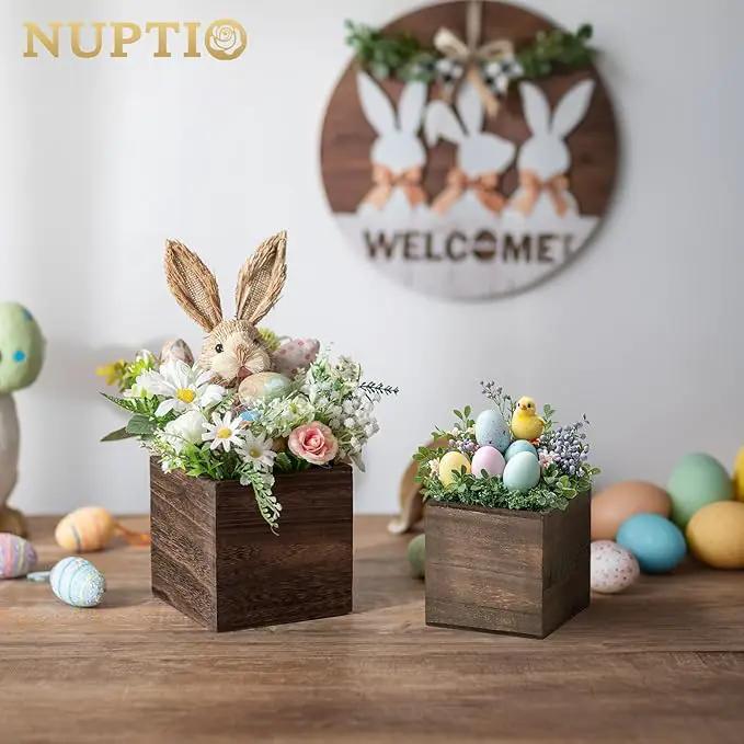 NUPTIO Wooden Box for Centerpiece Wedding: 6 Pcs Rustic Square Planter Box for Christmas Centerpiece Table Fall Decorations - 4×4" & 5×5" Small Wood Vases Flower Pots for Windowsill Home Garden Decor by GreenHaven Gardens