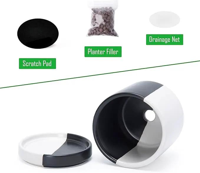 D'vine Dev 3.5 Inch Ceramic Planter Pot with Drainage Hole and Saucer, Indoor Cylinder Round Planter Pot, Split Monochrome Black & White, 94-O-A-0 by GreenHaven Gardens