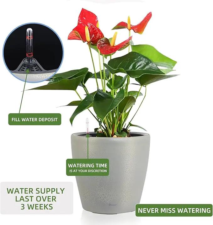 Dexceder 13x12 Self Watering Planter with Wheels Indoor Outdoor, Inner Pot Design, Thickened Large Floor Standing Flower Plant Pot with Water Level Indicator (Grey Gold Crackle) by GreenHaven Gardens