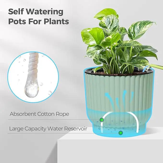 T4U 7 Inch Self Watering Pots for Indoor Plants, 4 Pack Green Plastic Flower Pots for All House Plants, Flowers, African Violets by GreenHaven Gardens