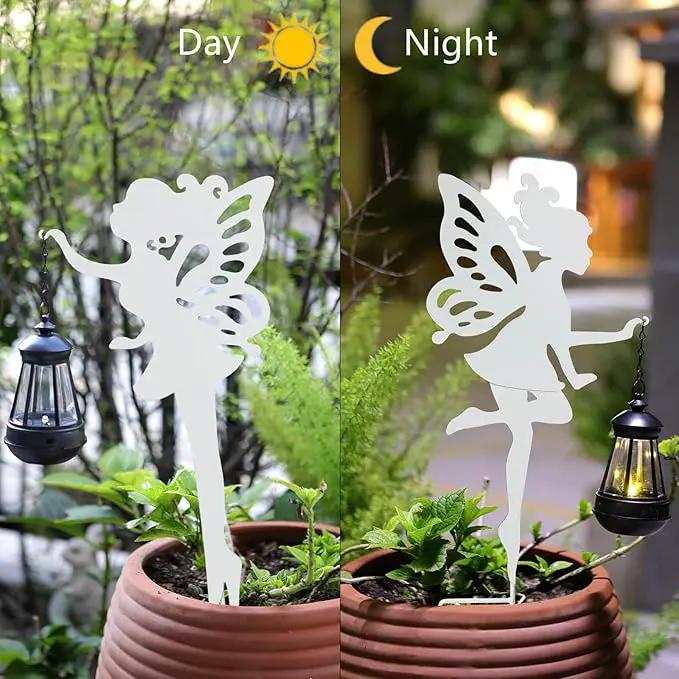 Solar-Garden-Lamp 2 Pack Metal Fairy Hanging Lanterns, Solar Outdoor Decorative Stake Ornaments for Lawn, Patio or Courtyard, White by GreenHaven Gardens