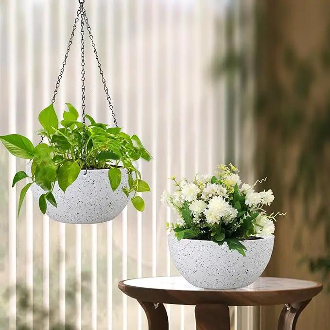 12 inch Large Hanging Planters for Indoor Outdoor Plants, 2 Pack Hanging Flower Pots with Drainage Holes and Chain for Garden Porch, Plastic Hanging Baskets for House Plants, Speckled White by GreenHaven Gardens