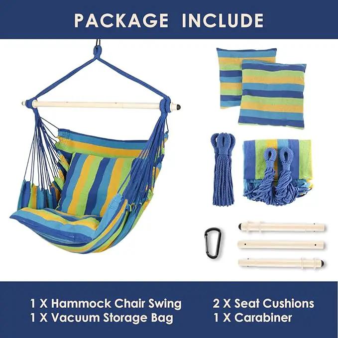 Highwild Hammock Chair Hanging Rope Swing - Max 500 Lbs - 2 Cushions Included - Steel Spreader Bar with Anti-Slip Rings - for Any Indoor or Outdoor Spaces (Blue Striped) by GreenHaven Gardens