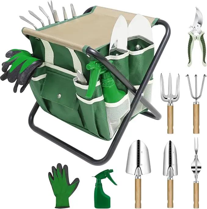 Garden Tool Set, 10 Piece Kit with Heavy Duty Folding Stool, Detachable Storage Tote Bag, Stainless Steel Tools, Gifts for Women Men Green by GreenHaven Gardens