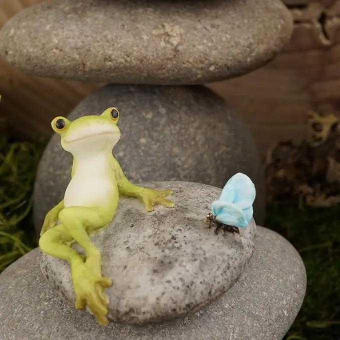 Top Collection Miniature Fairy Garden and Terrarium Statue, Frog Resting on Stone with Butterfly by GreenHaven Gardens