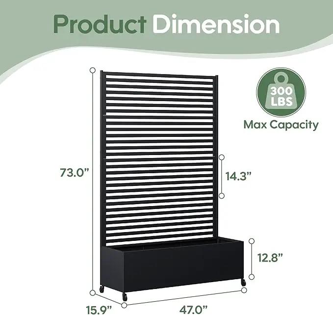 Metal Planter Box with Trellis Privacy Screen, Raised Garden Bed with Trellis & Wheels, Privacy Planters for Patio, Planter Box with Drainage Holes for Climbing Plants, Flower, 73"x 47"x 16", Black by GreenHaven Gardens