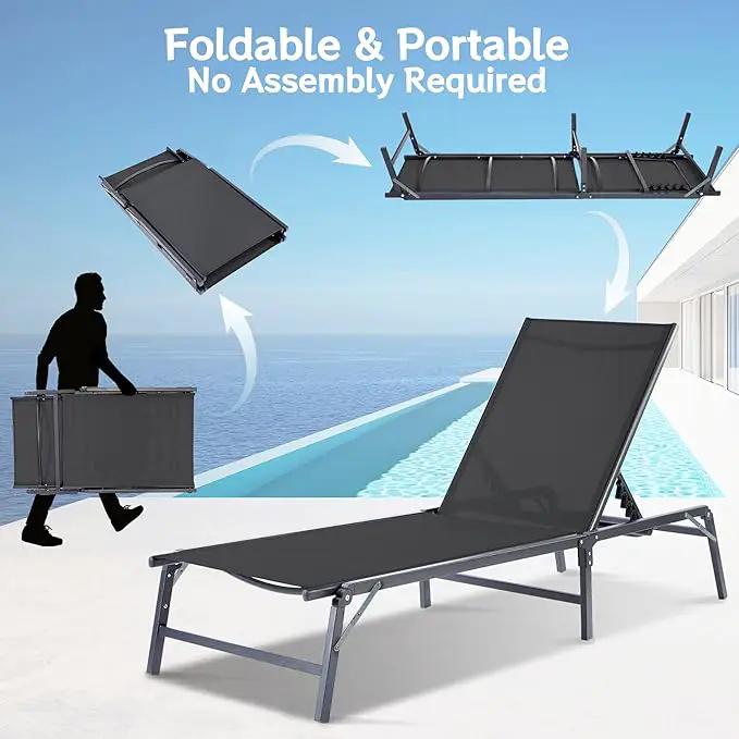 Outdoor Chaise Lounge Chair Set of 2, Foldable & Assemble-Free, 6 Adjustable Positions, Durable Rust-Resistant Frame, Portable Outdoor Pool Lounge Chairs for Pool Patio Beach, Black by GreenHaven Gardens
