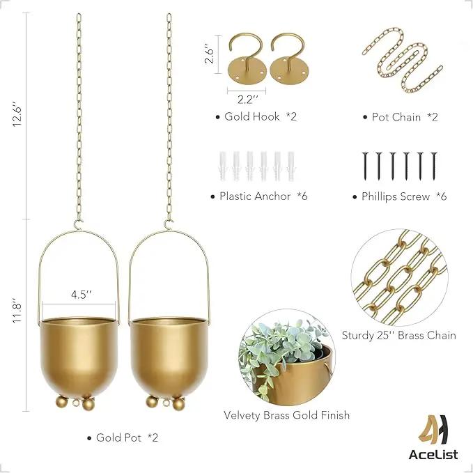 AceList Boho Gold Metal Hanging Planters, Set of 2 with Hooks & Chains - Versatile Wall & Ceiling Plant Hangers for Indoor/Outdoor Décor by GreenHaven Gardens