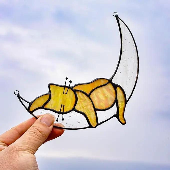HDCRYSTALGIFTS Orange Cat On Moon Stained Glass Window Hangings,Tabby Cat Decoration suncatcher Hanging Ornament Gift for Mom,Cat Memorial Gifts for Cat Lovers, Pet Loss Sympathy Gift by GreenHaven Gardens