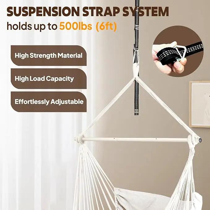Chihee Hammock Chair Hanging Chair with Foot Rest 2 Cushions Max 500lbs Robust Metal Spreader Bar Collapsible Easy Storage Soft Cotton Swing Chair Strong Strap Iron Carabiner Side Pocket Included by GreenHaven Gardens